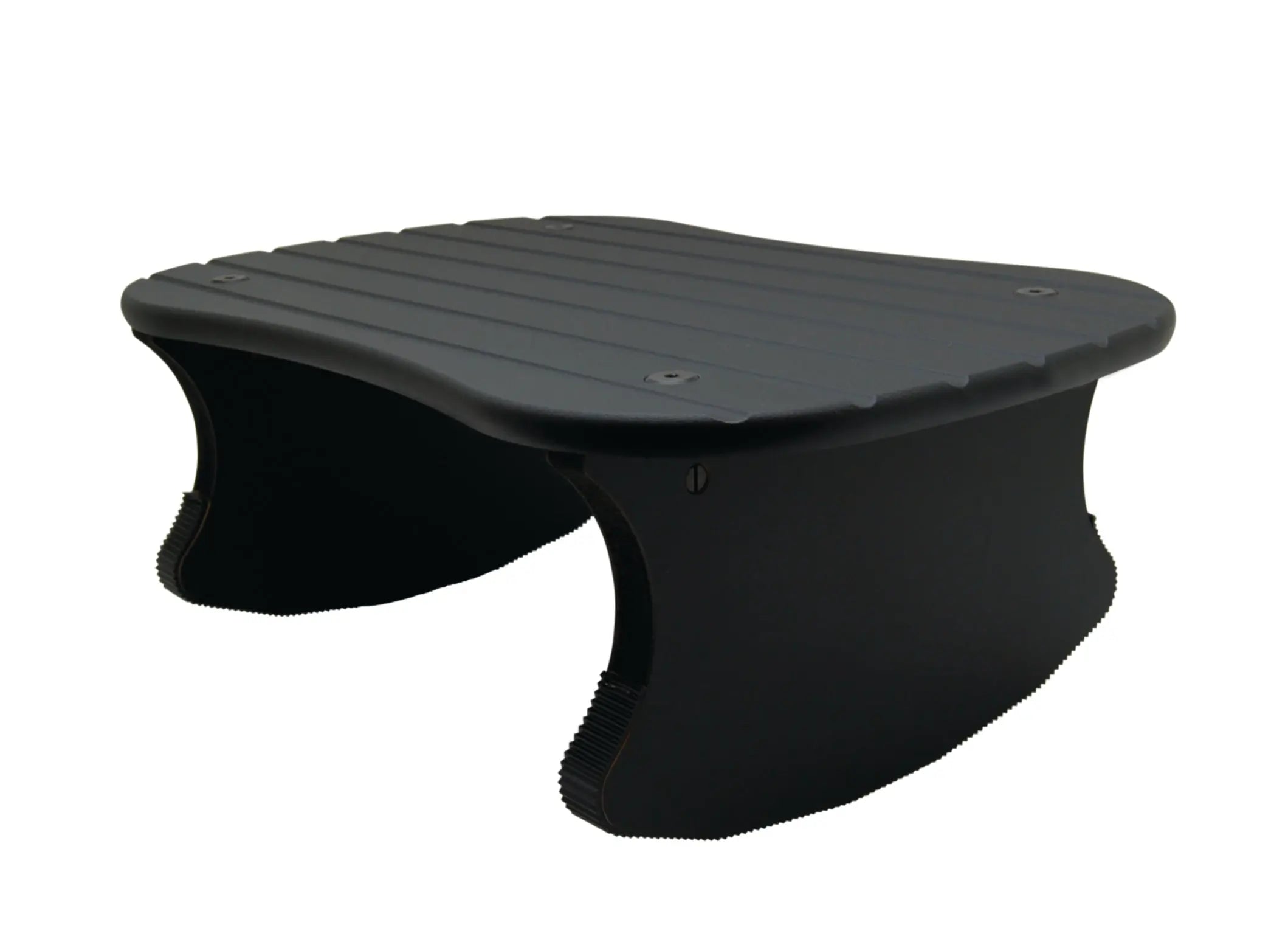 A lateral perspective of the Black-colored Rock-N-Stop Footrest, available in a tall size.