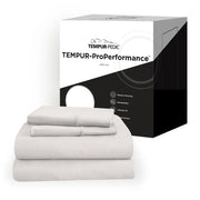 TEMPUR-ProPerformance™ Sheet Set in white next to the retail packaging on a white background