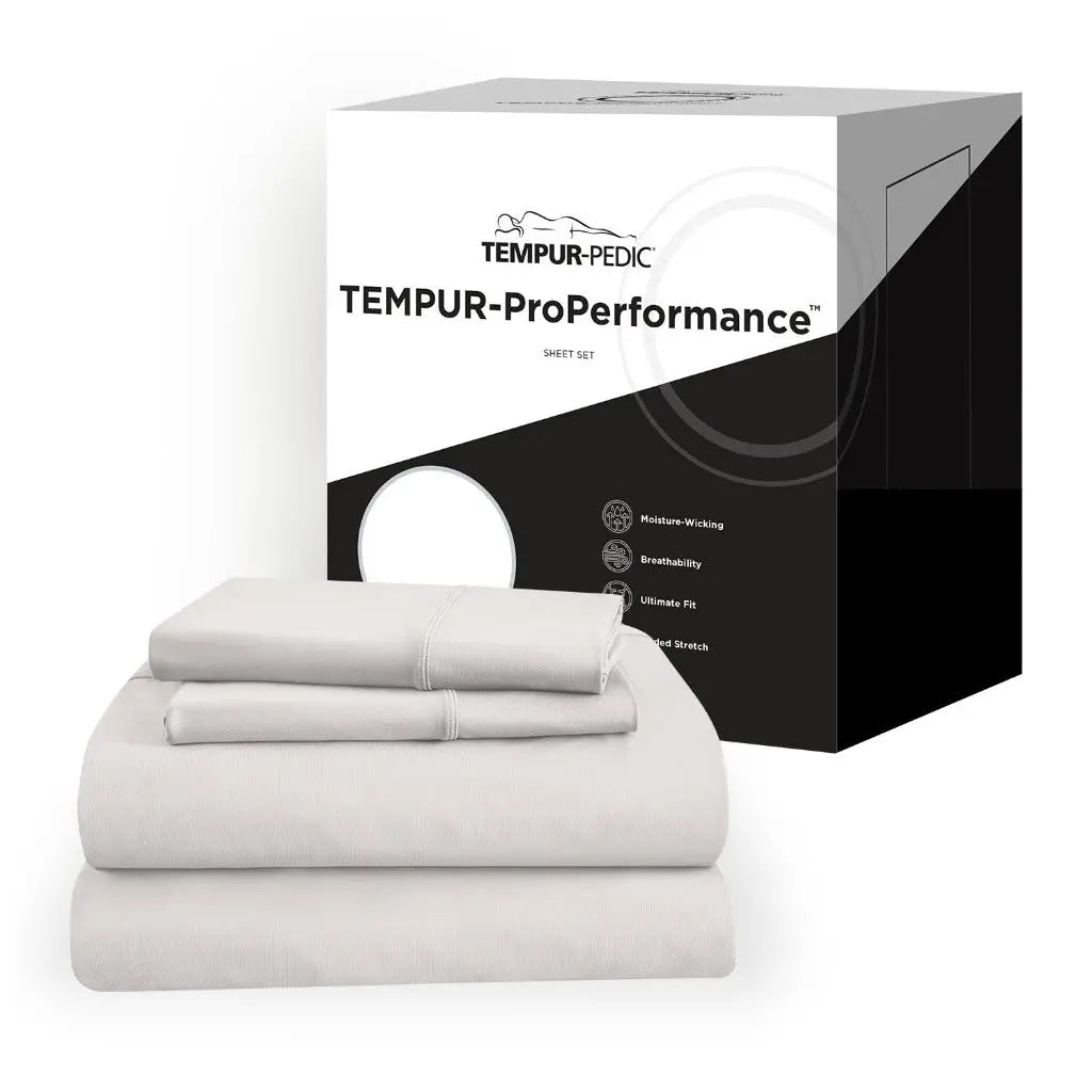 TEMPUR-ProPerformance™ Sheet Set in white next to the retail packaging on a white background