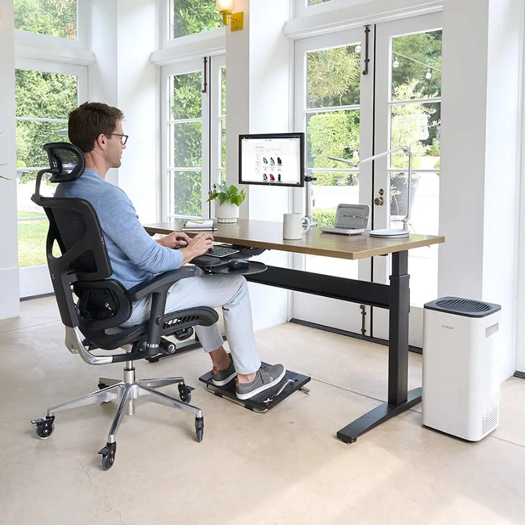 A man wearing glasses and a blue sweater sits in an ergonomic office chair at a modern, sit-stand desk with a wooden top and a black metal base. He is working on a desktop computer with a large monitor, keyboard tray, and footrest. The desk also holds a mug, desk lamp, potted plant, and office supplies. The workspace is well-lit with natural light from large windows and glass doors that open to a green outdoor area. A white air purifier is positioned on the floor beside the desk.
