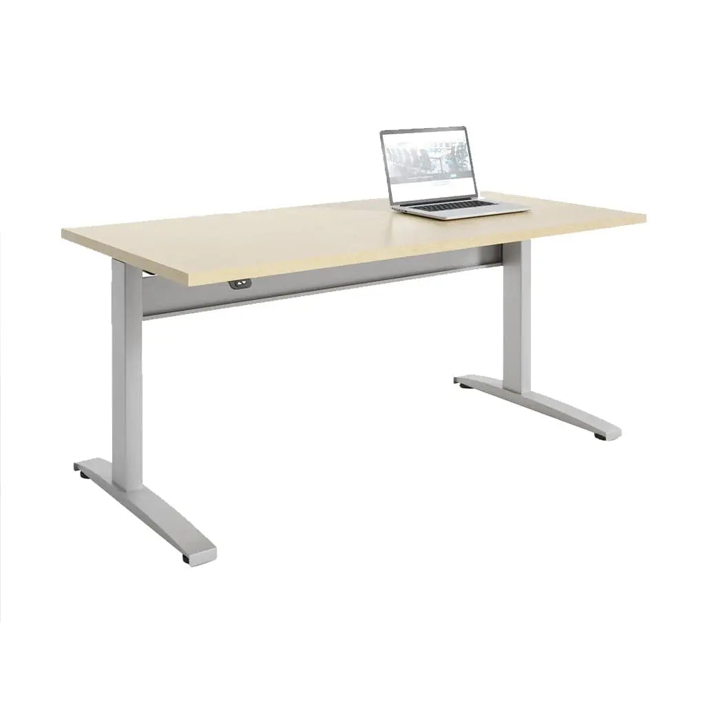 Display the Transcend Desk featuring a laptop placed on its surface, set against a white backdrop, showcasing a wooden top and a silver base.