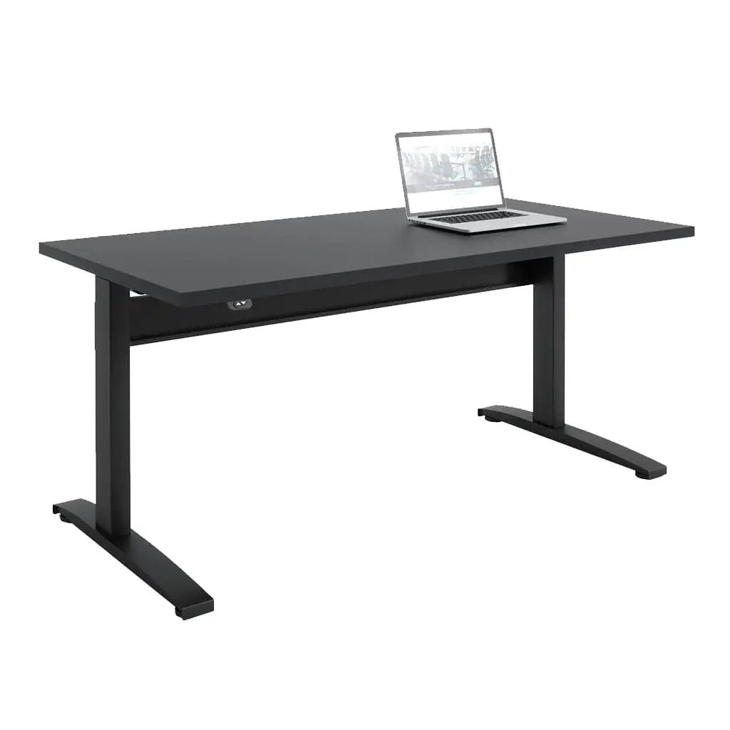 Showcase the Transcend Desk with a laptop positioned on its surface, set against a white background, highlighting its black wooden top and matching black base.