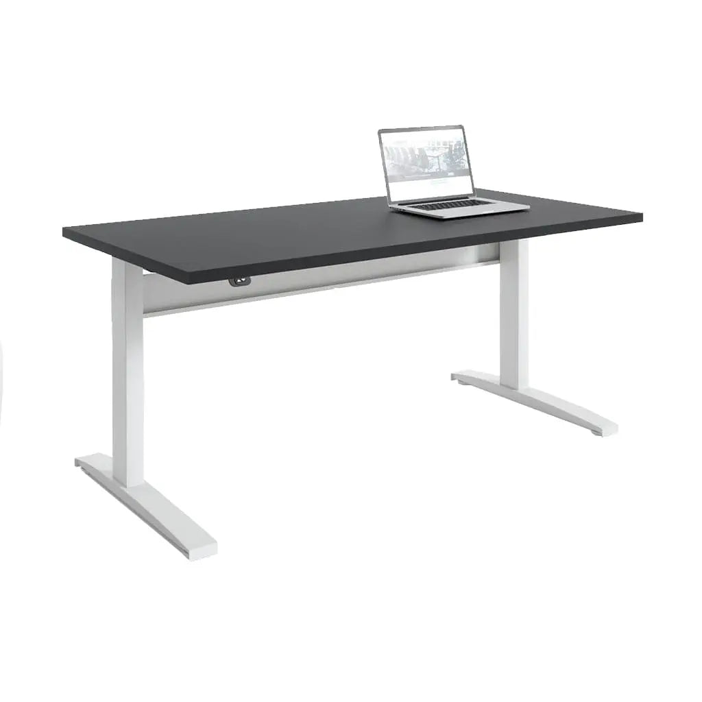 Showcase the Transcend Desk with a laptop positioned on its surface, set against a white background, highlighting its black wooden top a white base.