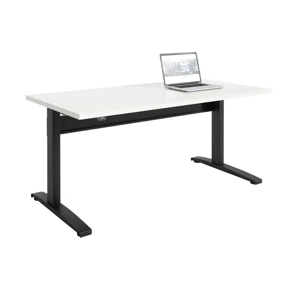 Showcase the Transcend Desk with a laptop positioned on its surface, set against a white background, highlighting its white wooden top and a black base.