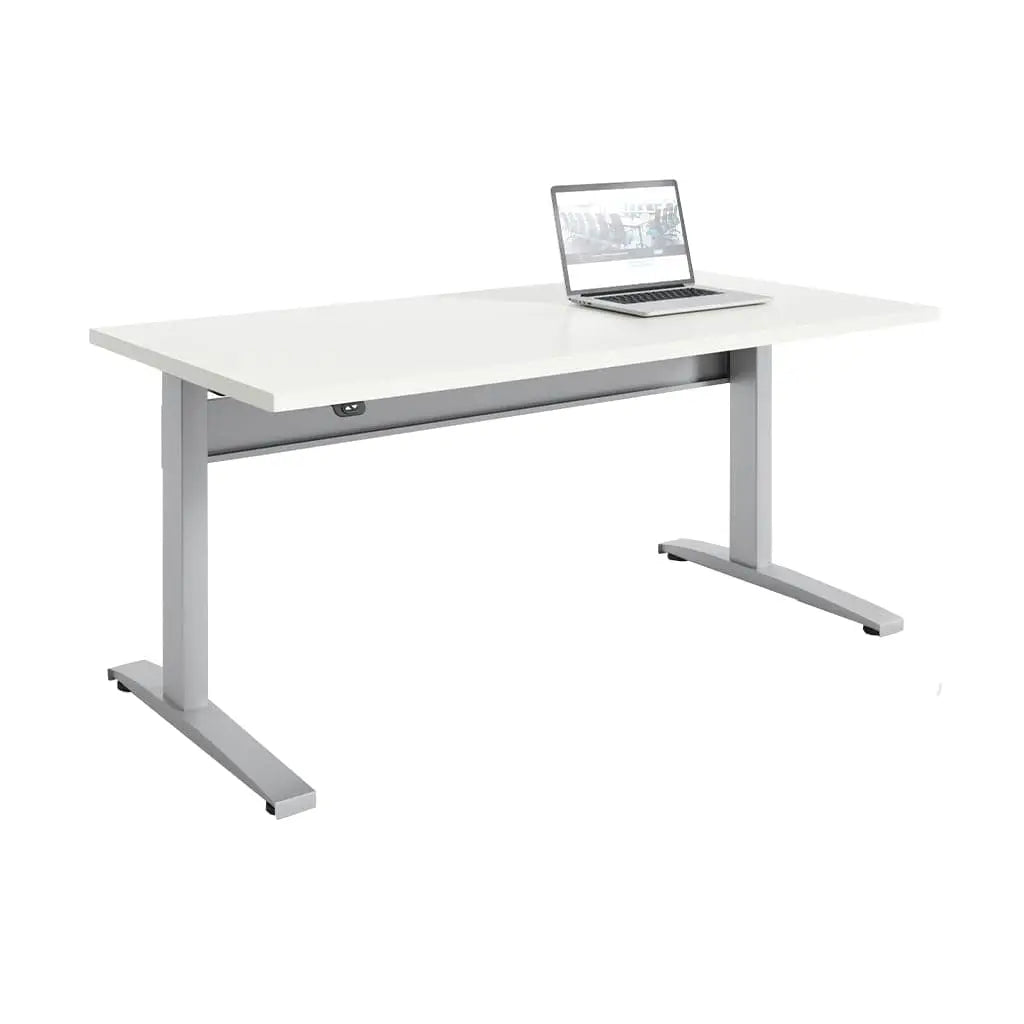 Showcase the Transcend Desk with a laptop positioned on its surface, set against a white background, to highlight its white wooden top and grey base.
