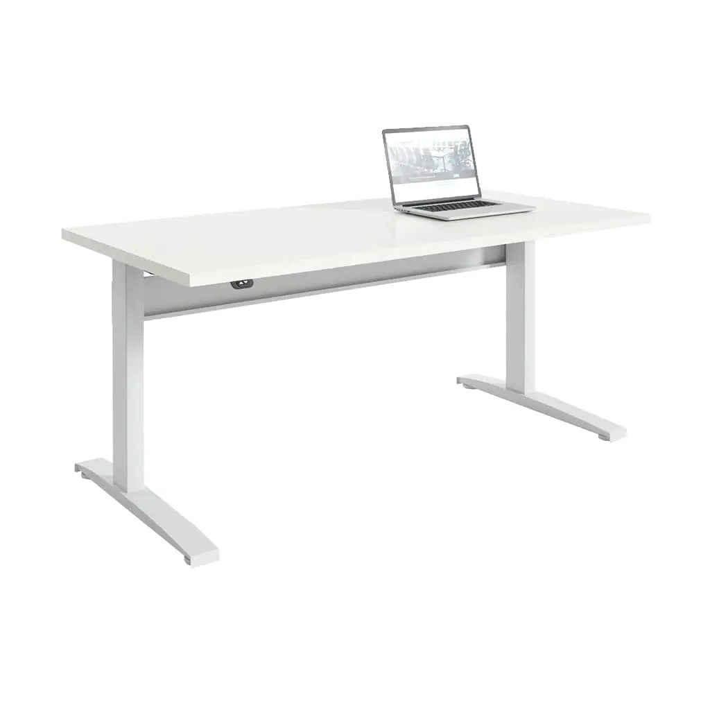 Showcase the Transcend Desk with a laptop positioned on its surface, set against a white background, highlighting its white wooden top and a white base.