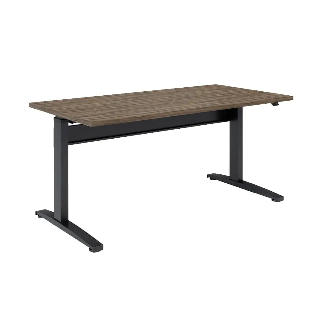 Showcase the Transcend Desk with a laptop positioned on its surface. Set against a white background, the laptop highlights the desk's mahogany wooden top and black base.