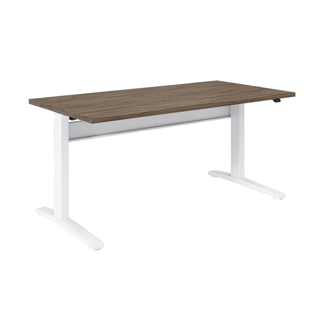 Showcase the Transcend Desk with a laptop positioned on its surface. Set against a white background, the laptop highlights the desk's mahogany wooden top and white base.