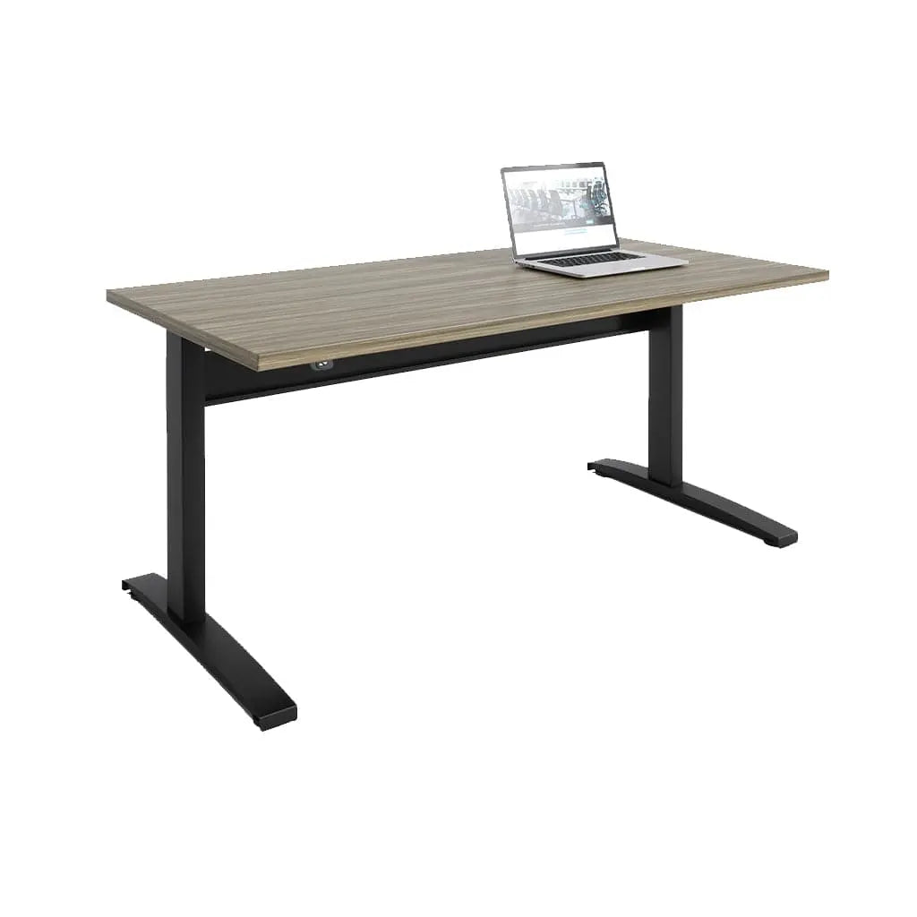 Showcase the Transcend Desk with a laptop positioned on its surface. Set against a white background, the laptop highlights the desk's stomboli wooden top and black base.