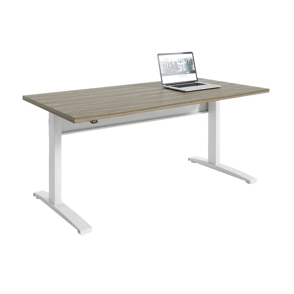 Showcase the Transcend Desk with a laptop positioned on its surface. Set against a white background, the laptop highlights the desk's stomboli wooden top and white base.