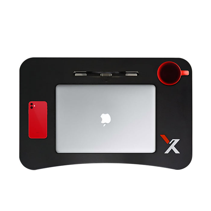 Top view of the X-Table Mobile Height Adjustable Desk by X-Chair in black with a cup of coffee, a red phone and a tablet.