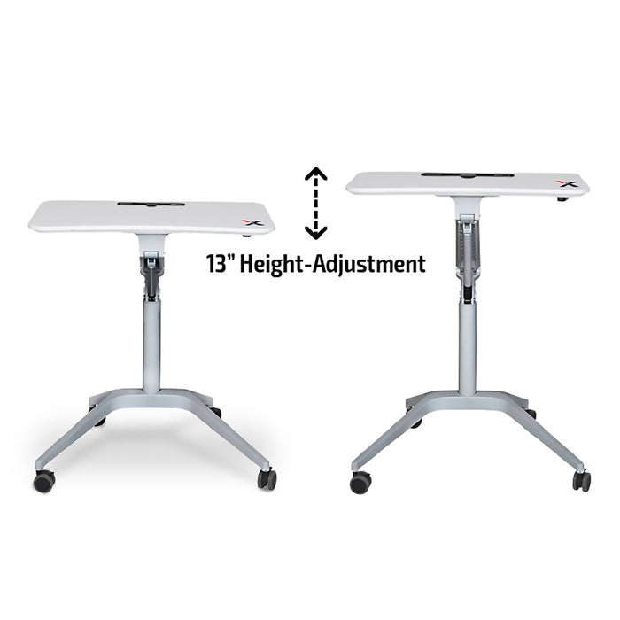 X-Table Mobile Height Adjustable Desk by X-Chair in white with a call out to the height adjustment capability