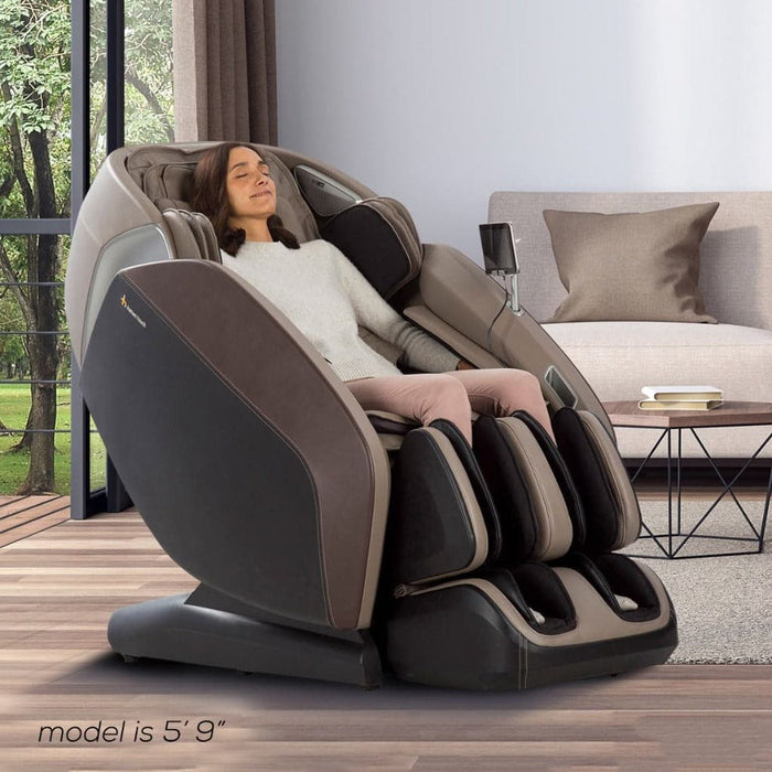 A woman using the of the Certus Massage Chair by Human Touch in the color brown