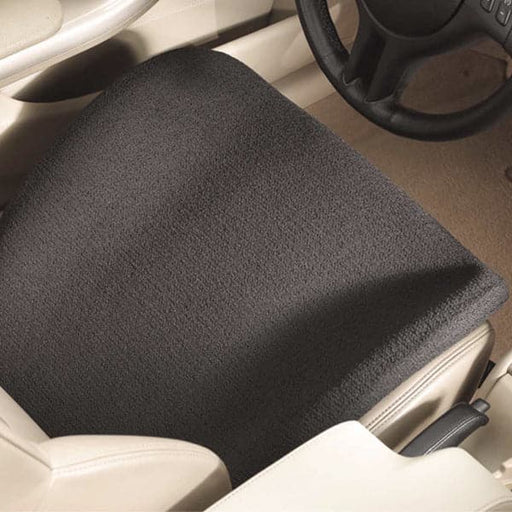 Black travelLite seat cushion above shot in driver seat of a car